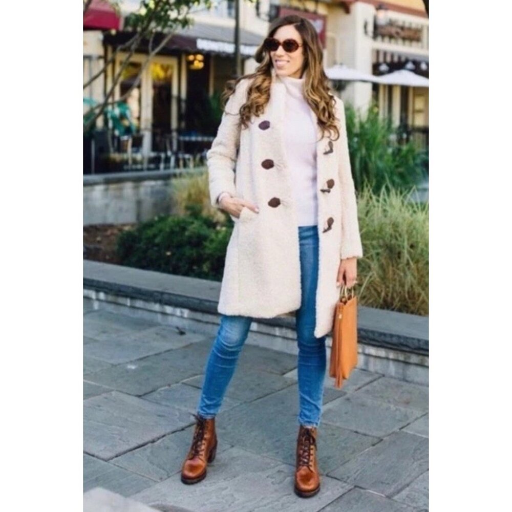 J Crew Sherpa Teddy Faux Fur Shearling Toggle Button Cream Coat Women Size XL - Picture 5 of 11